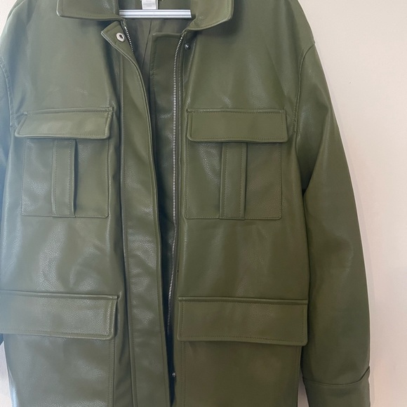 H&M FAUX LEATHER OLIVE GREEN BELTED JACKET - Picture 2 of 7